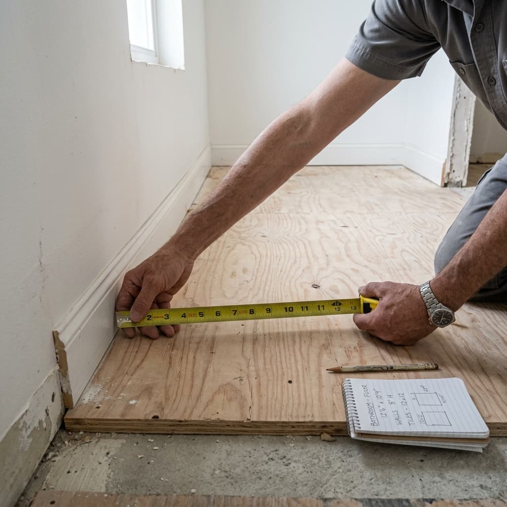 Hands using a tape measure on a bare bathroom subfloor to measure room dimensions