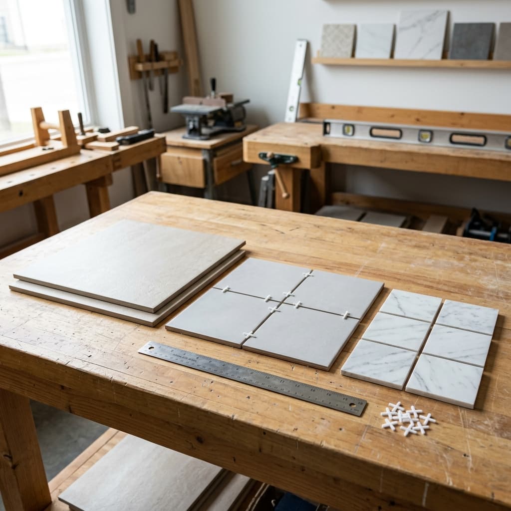 Various tile sizes arranged on a workbench showing 18x18, 12x12, and 6x6 inch options