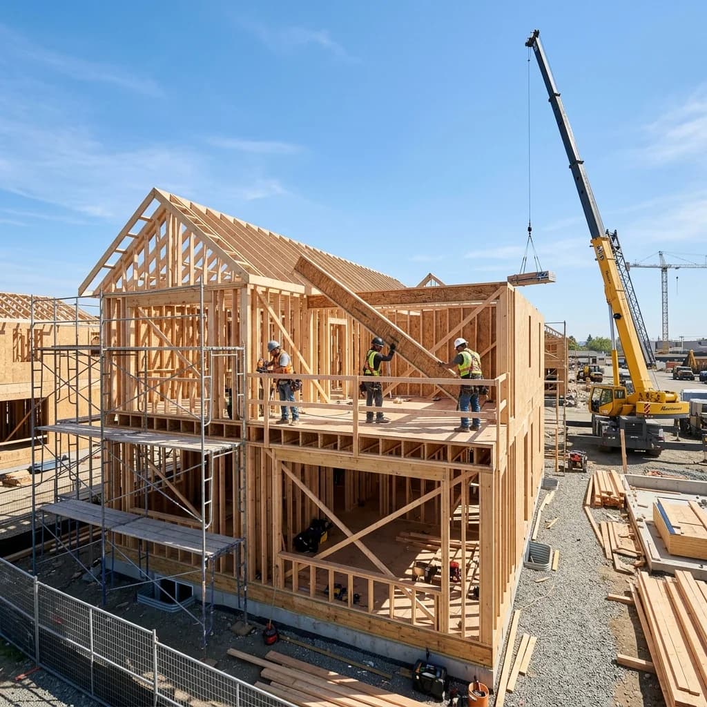 Framing phase of a 2 floor house layout showing joists, beams, and studs
