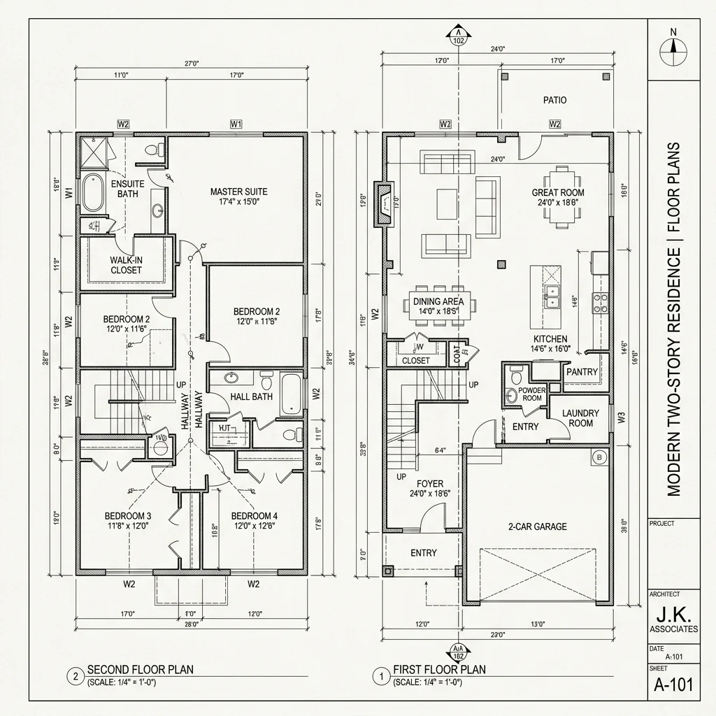 A detailed floor plan two storey house blueprint showing first and second-floor layouts