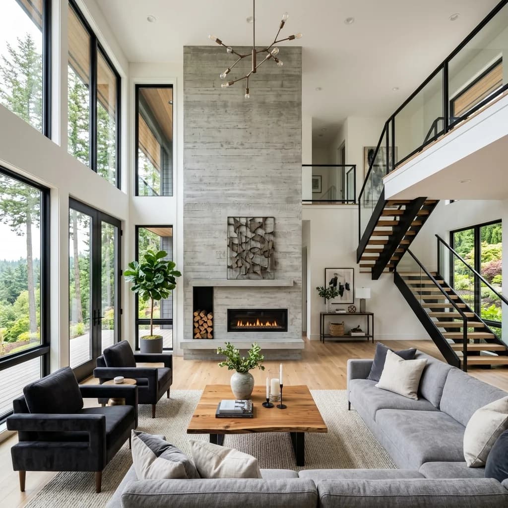 Interior of a two story nice house showing a large open-concept great room with high windows