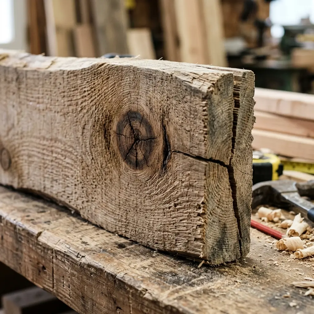 Close up of a wooden beam showing a large knot and a split end