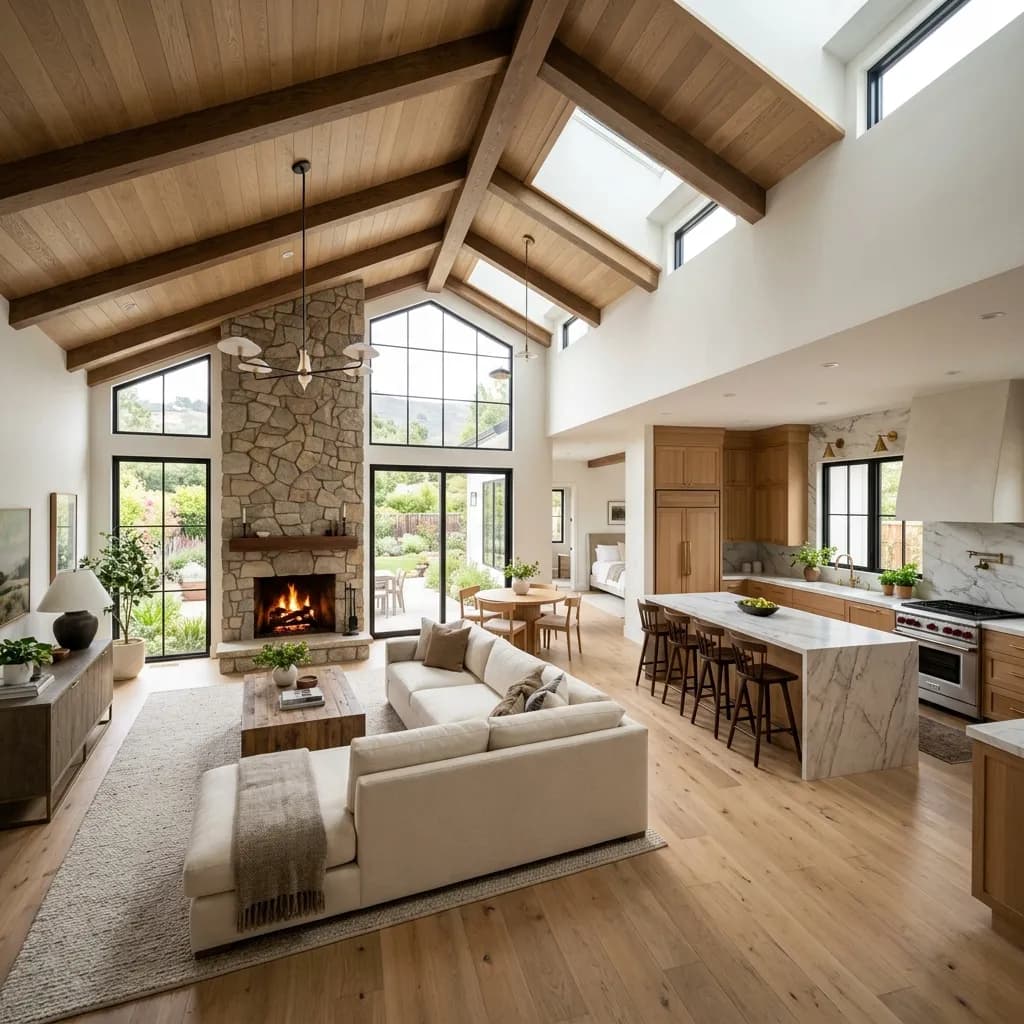 Stunning interior shot of an open-concept living room and kitchen in a modern single-level 2-bedroom ranch house