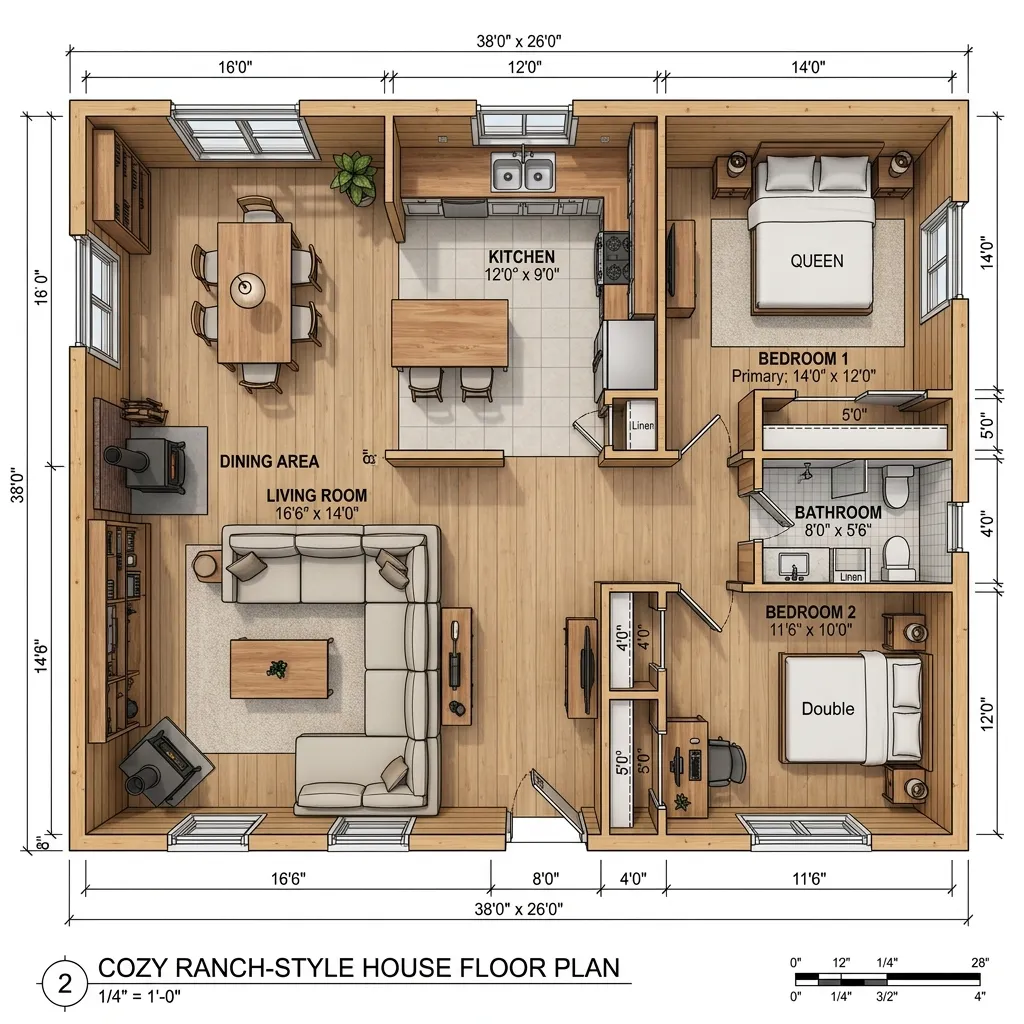 A top-down 3D floor plan layout of a cozy 2-bedroom ranch style house showing an open-concept living area