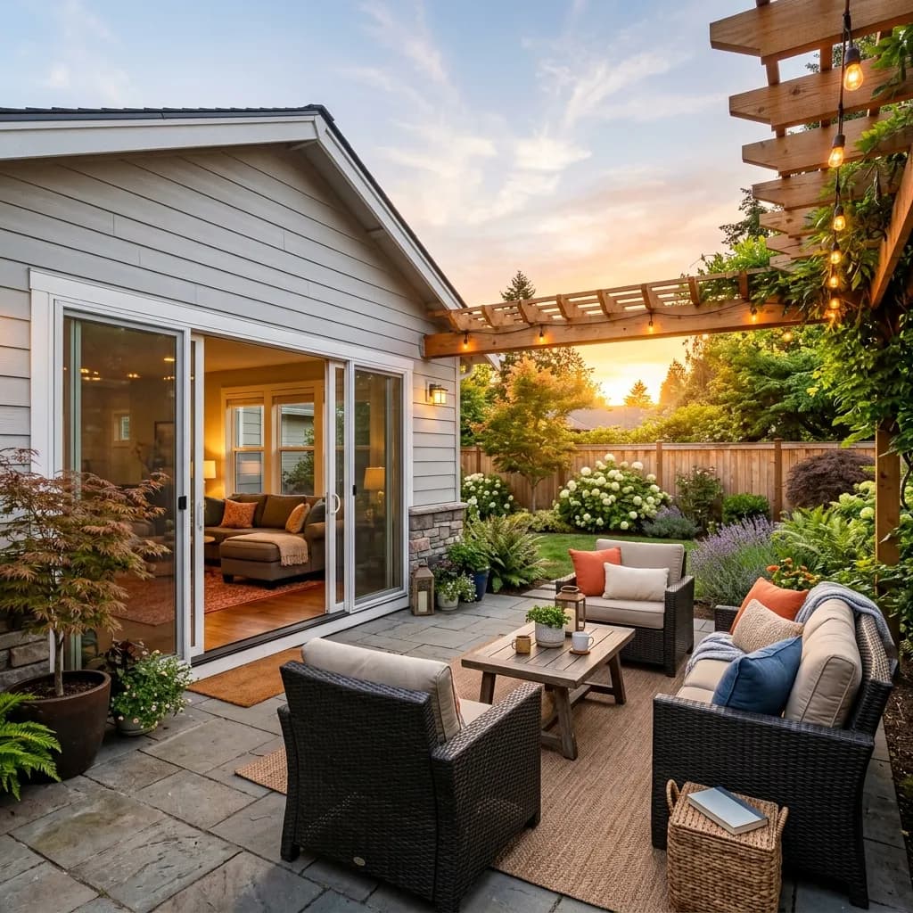 Cozy backyard patio of a single-level 2-bedroom ranch home with sunset lighting