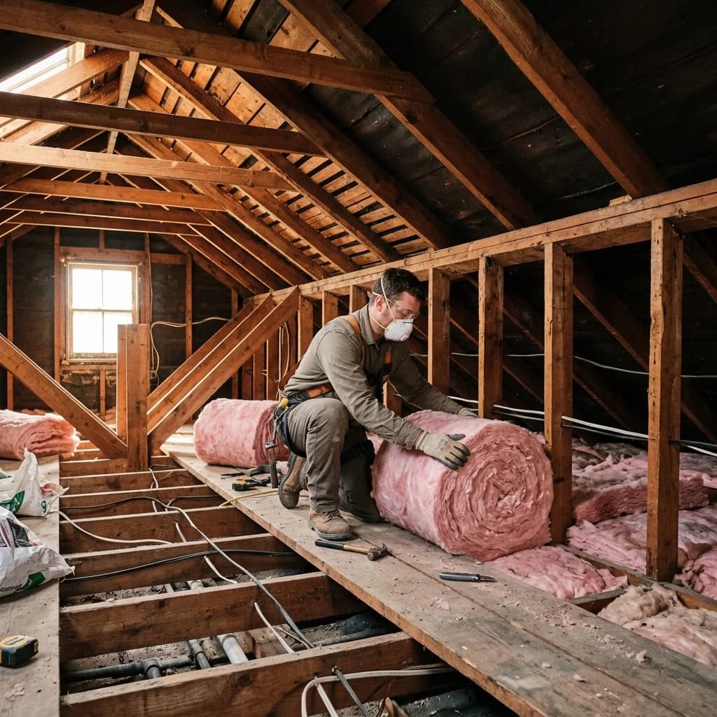 Worker installing mineral wool batt insulation between attic ceiling joists
