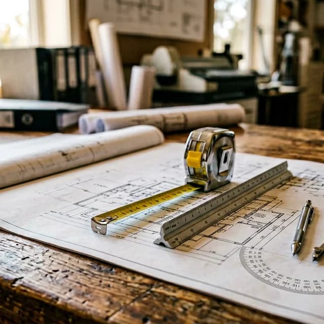 Construction blueprints with architect scale ruler measuring room area and perimeter