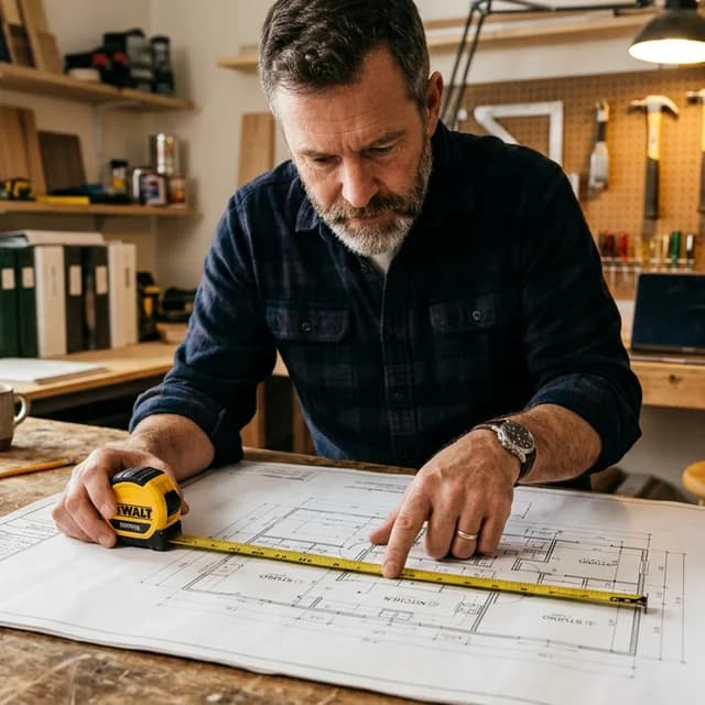 Homeowner reviewing a blueprint with a tape measure