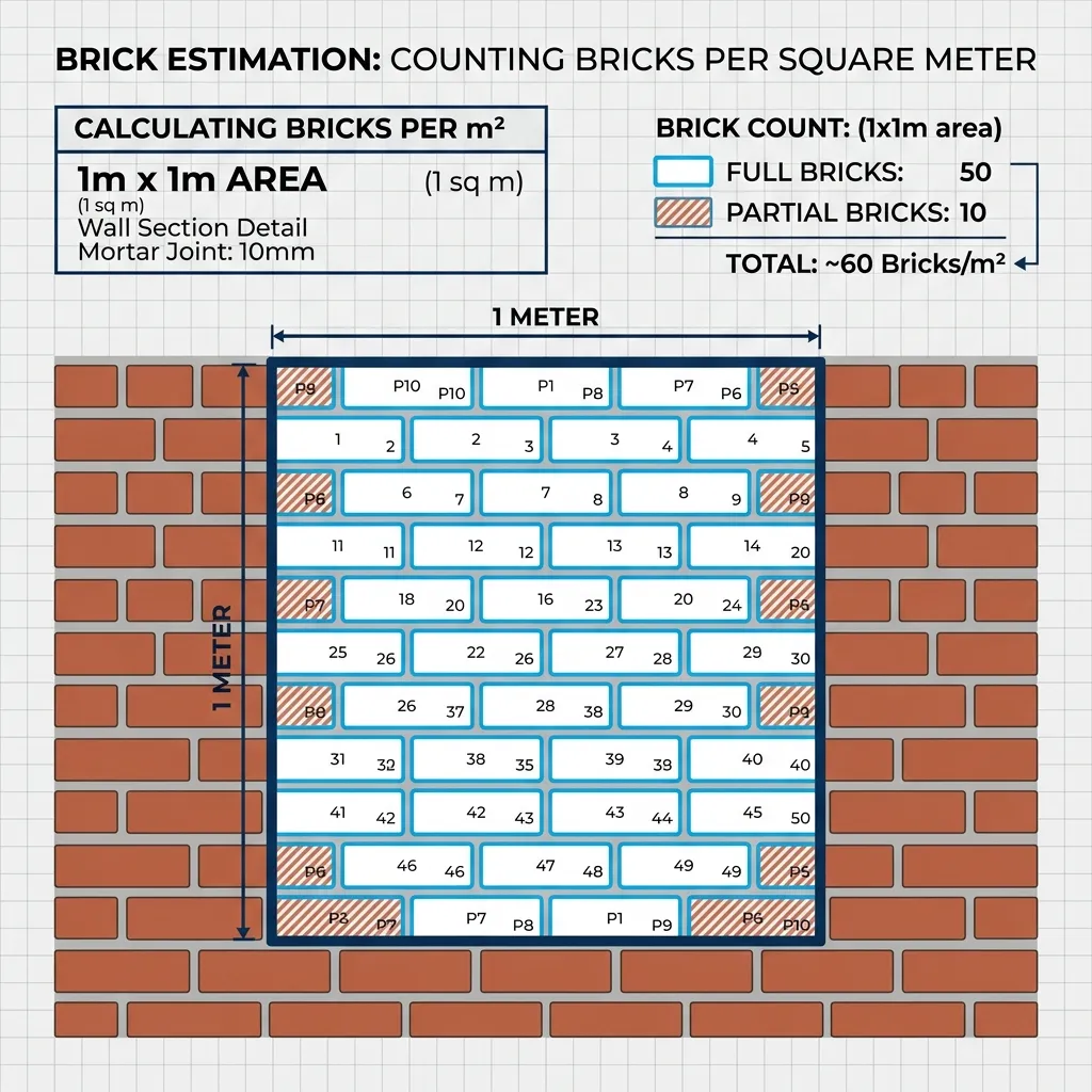 An architectural illustration demonstrating exactly how 60 bricks fit perfectly inside a one square meter grid