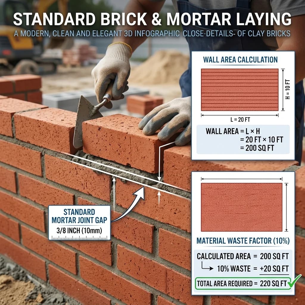 Standard brick and mortar laying 3D infographic explaining wall area calculations, mortar joints, and a 10% waste factor