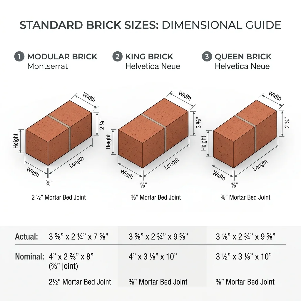3D graphic comparing modular, king, and queen bricks with actual and nominal measurements