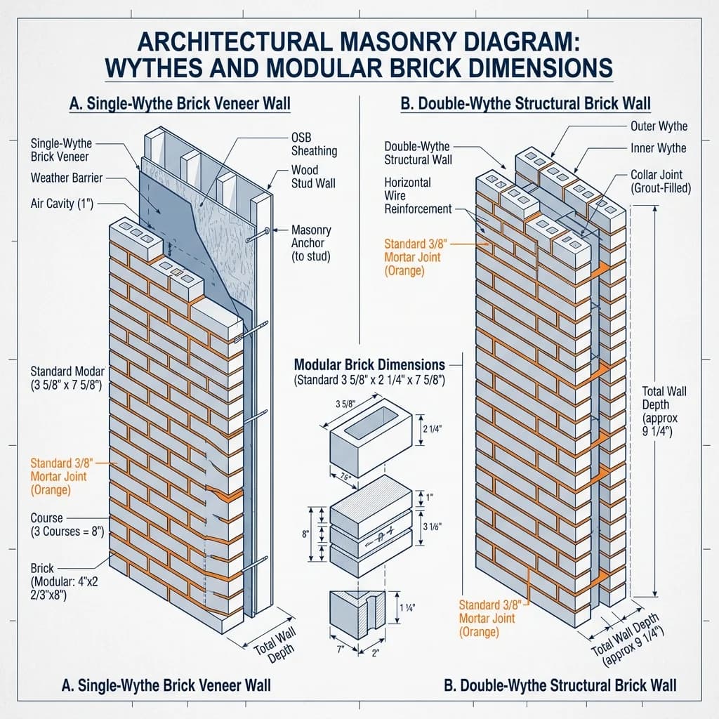 Architectural masonry diagram explaining single-wythe brick veneer wall and double-wythe structural brick wall with standard modular dimensions