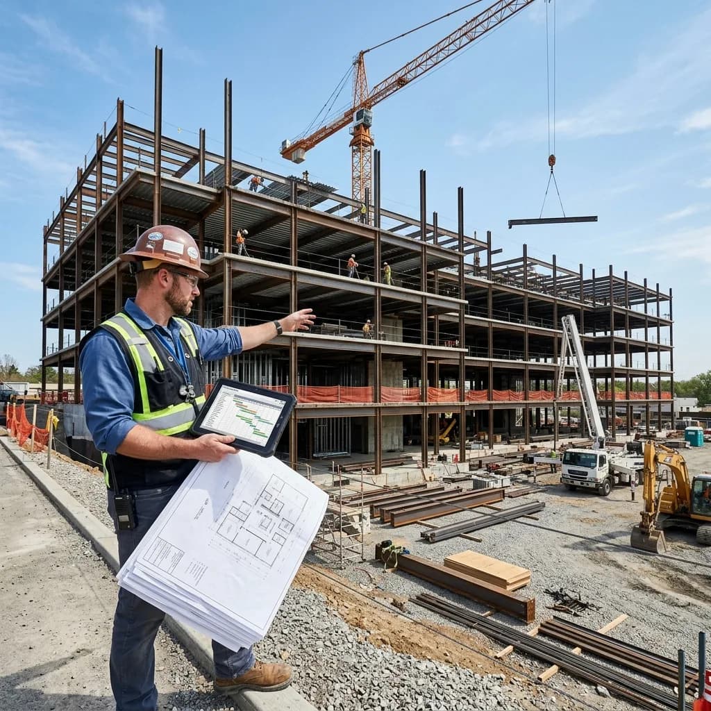 Active commercial construction site with steel framing, concrete floors, and a project manager reviewing blueprints and a tablet