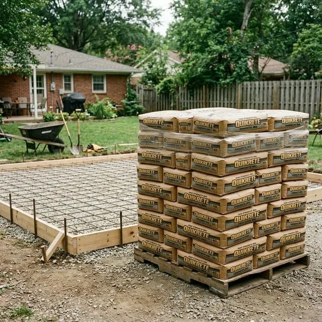 A massive stack of concrete bags illustrating the quantity needed for a 20x20 slab