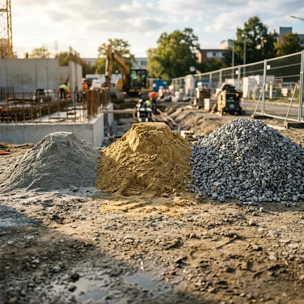 Three distinct piles showing the concrete mix ratio: cement, sand, and gravel