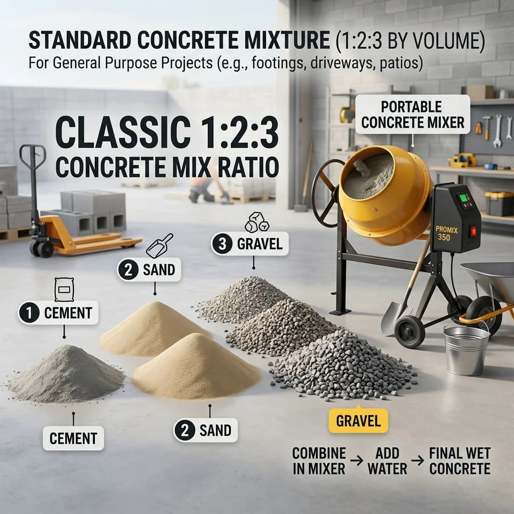 Standard concrete mixture 1:2:3 mix ratio infographic diagram with piles of cement, sand, gravel and a portable mixer