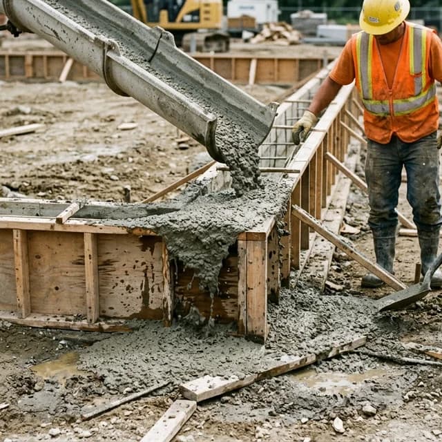 Wet concrete pouring from chute into wooden slab framing showing surface runoff waste