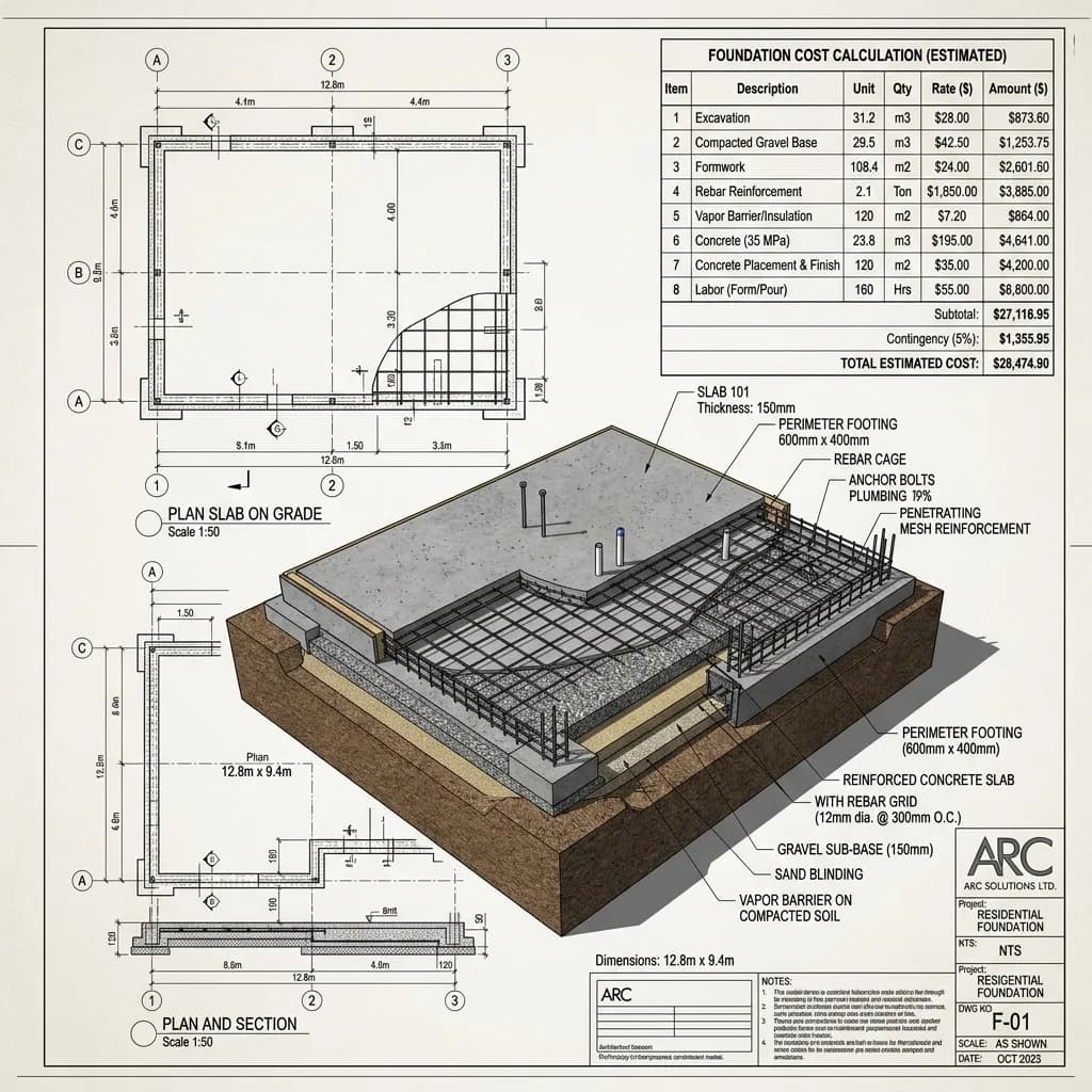 3D blueprint showing a concrete slab foundation with cost calculation elements