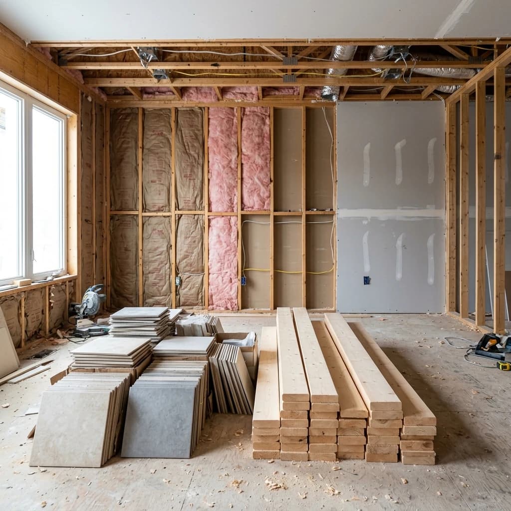 Wide selection of building materials including bricks, timber studs, concrete sacks, and tools