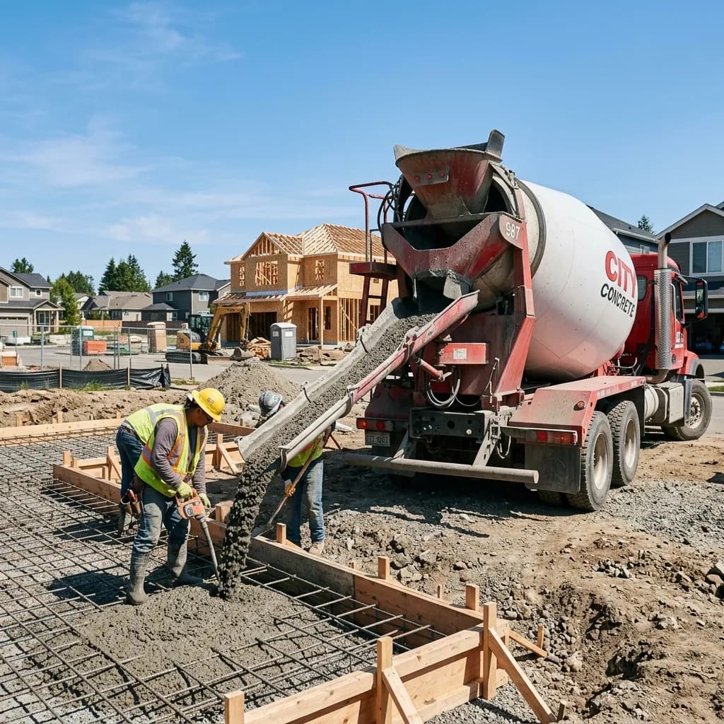 Concrete mixer truck pouring concrete on a residential construction site