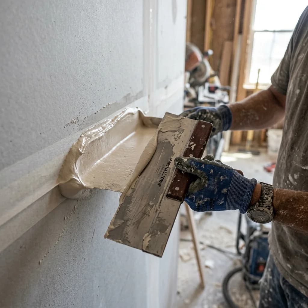 Professional contractor applying joint compound mud and paper tape to drywall sheet seams
