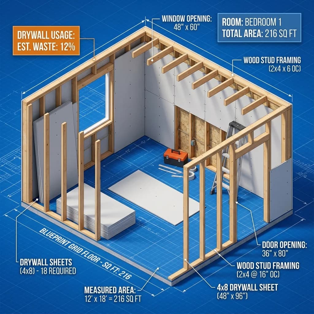 3D infographic explaining room wall square footage estimation for drywall and paint sheets