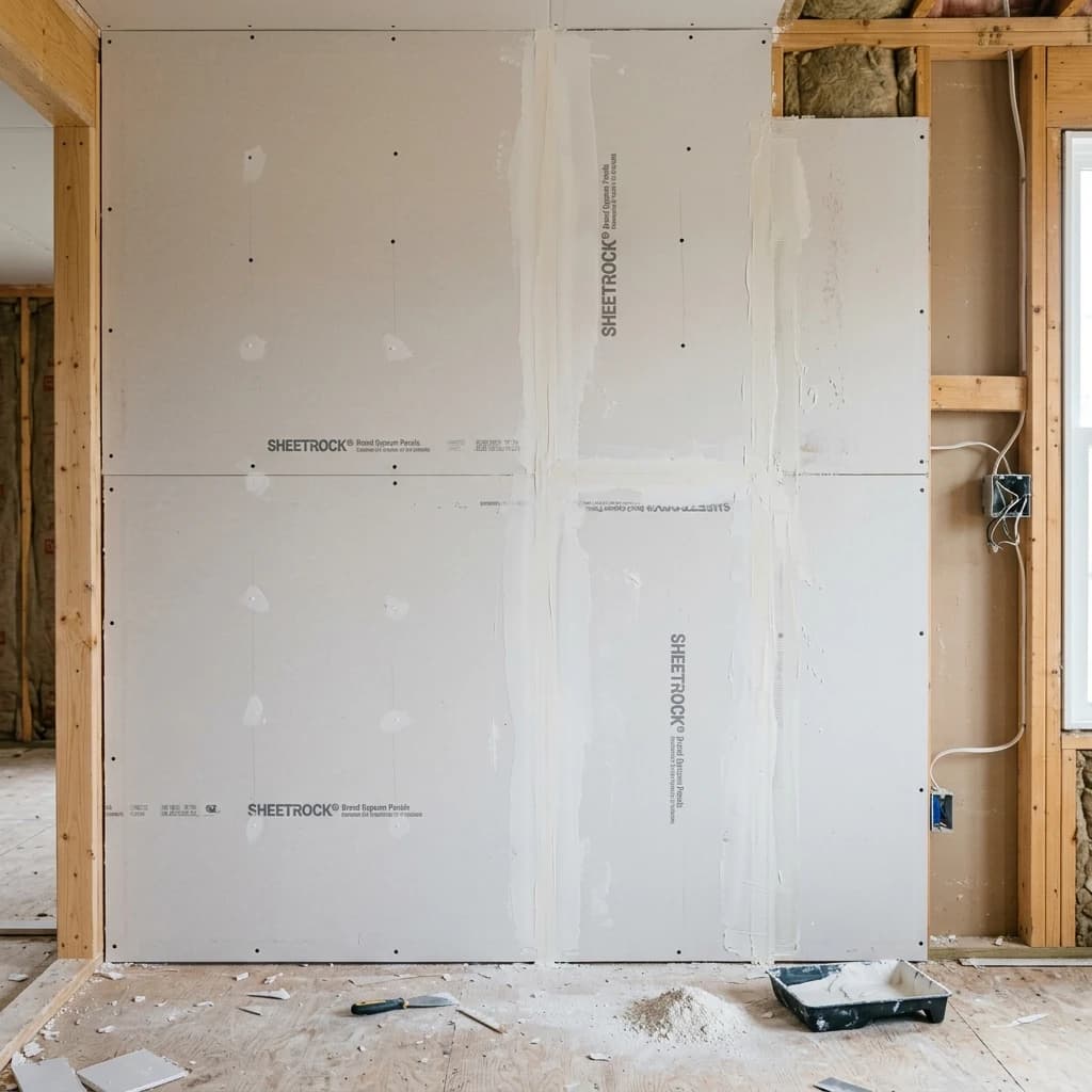 Interior wall framing being sheeted with standard drywall sheetrock boards