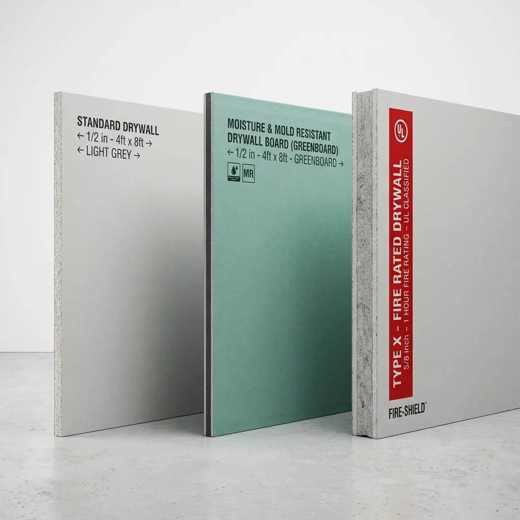 Comparison of different drywall types: standard, moisture-resistant, and fire-rated