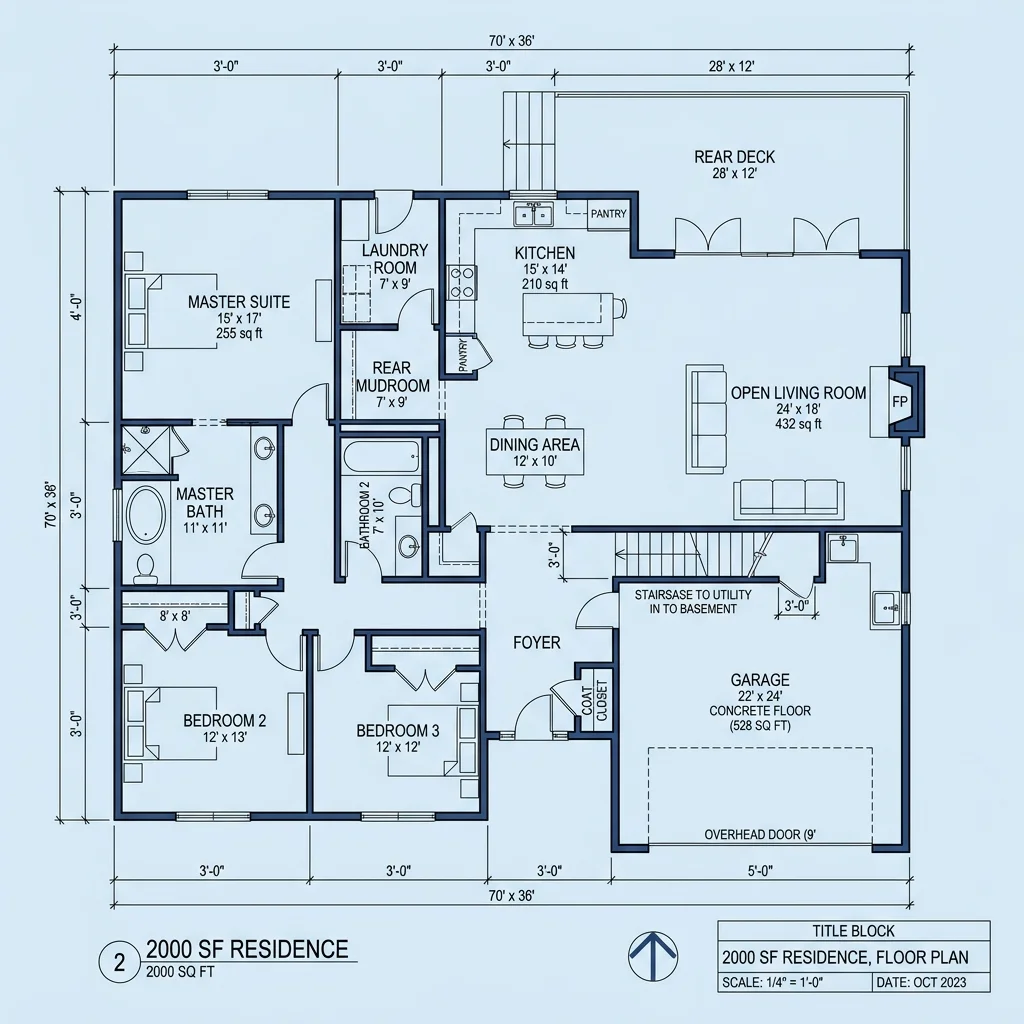 Detailed architectural floor plan blueprint layout showing bedroom and living spaces
