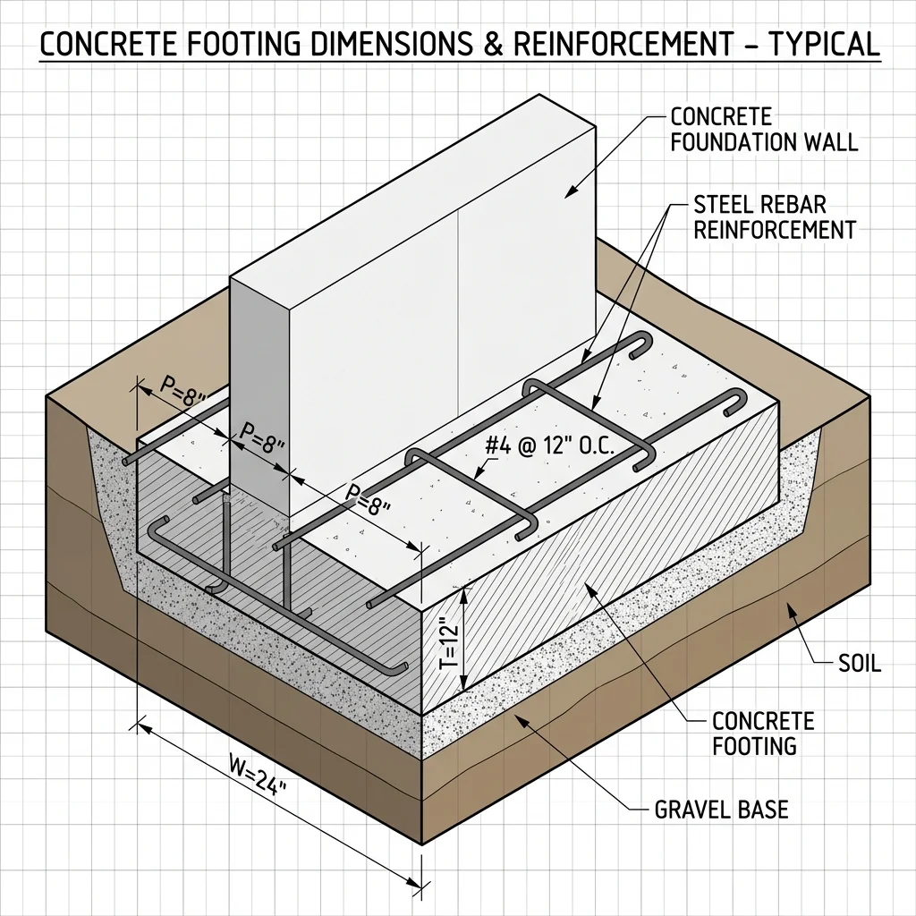 3D architectural drawing of a concrete footing showing width W, thickness T, projection P, and rebar reinforcement beneath a foundation wall