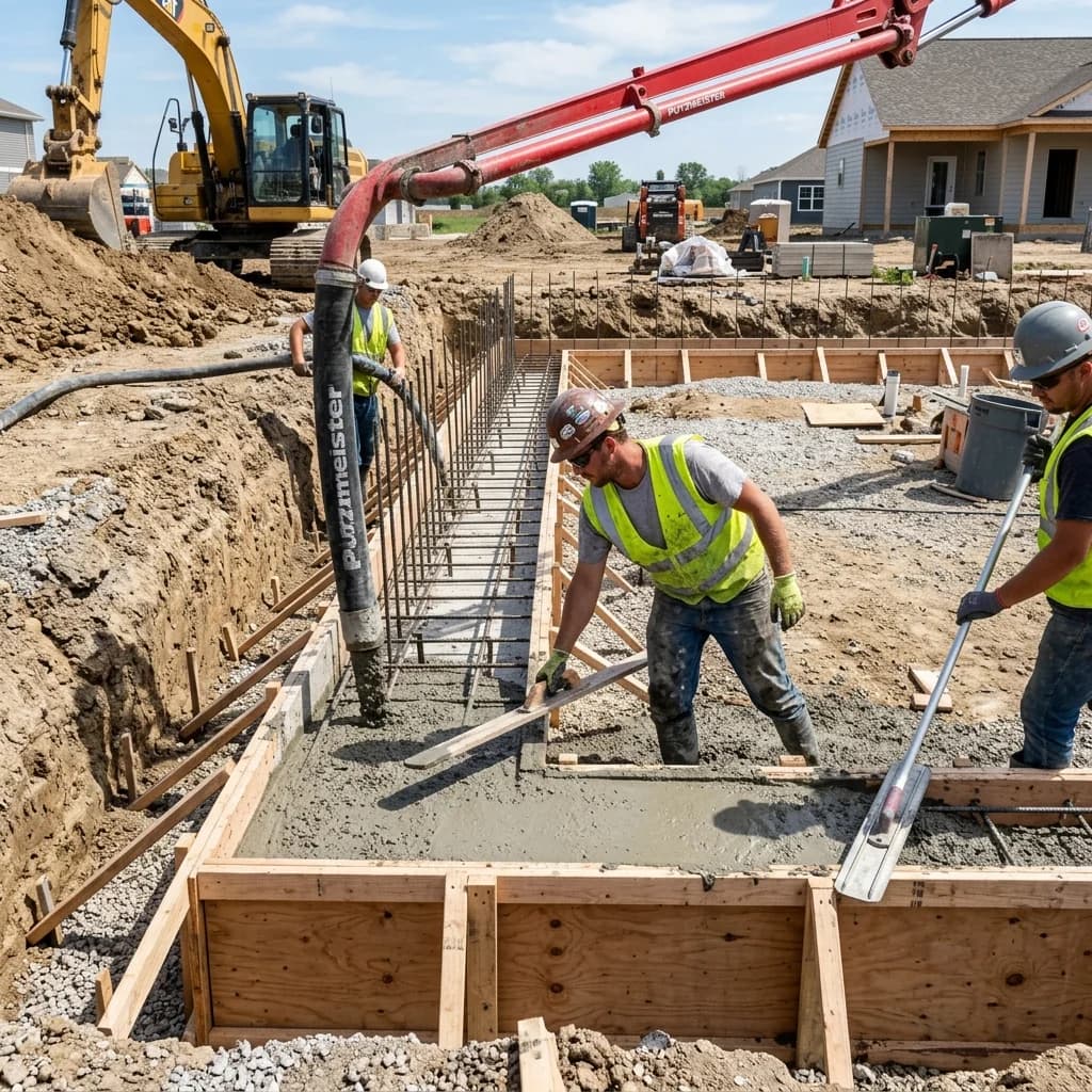 Real construction site showing concrete being poured into wooden footing forms with steel rebar reinforcement