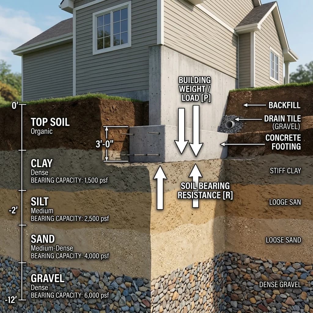 Architectural diagram showing soil layers (Clay, Silt, Sand, Gravel) beneath a concrete foundation footing, indicating building load vs soil resistance