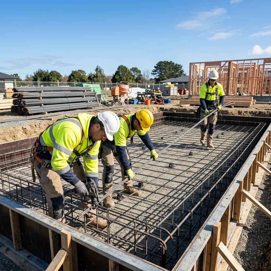Workers laying steel rebar for a house foundation