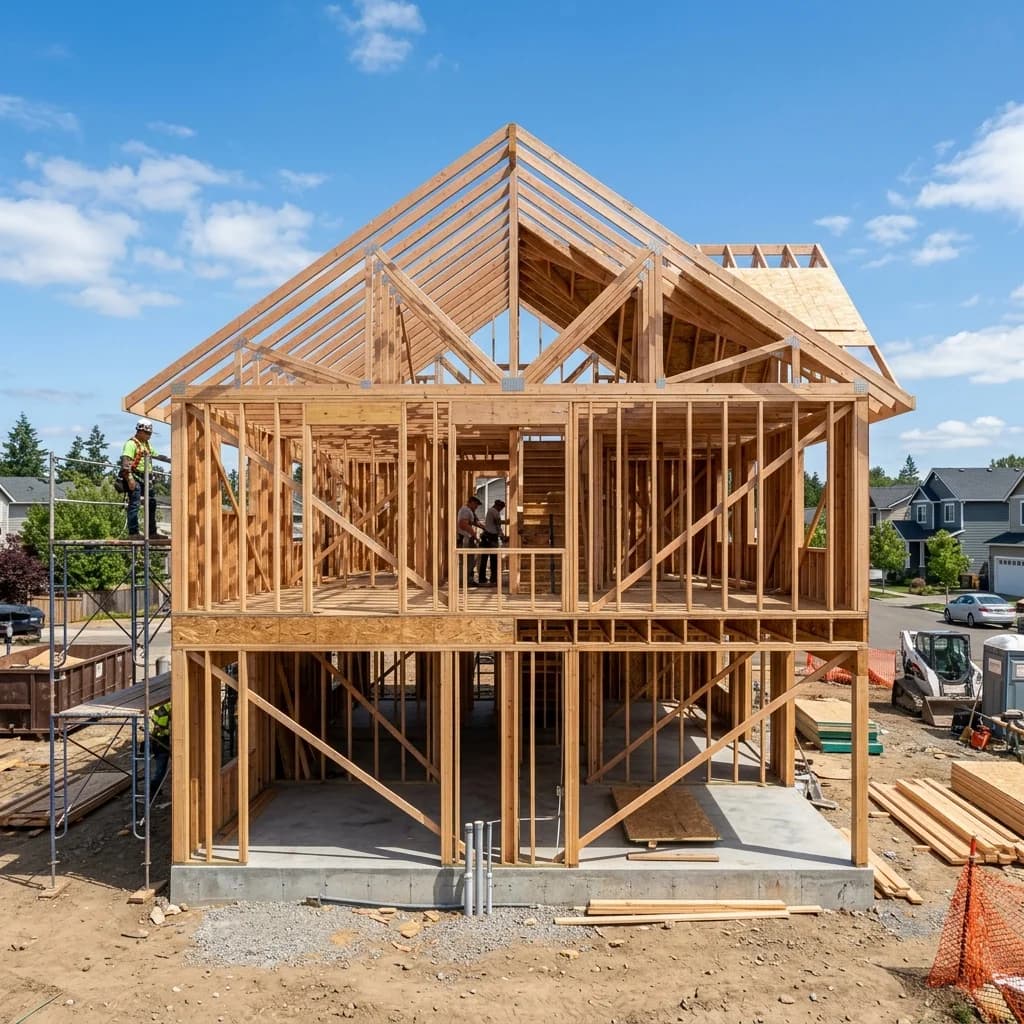 Residential house framing construction phase showing wood beams and rafters