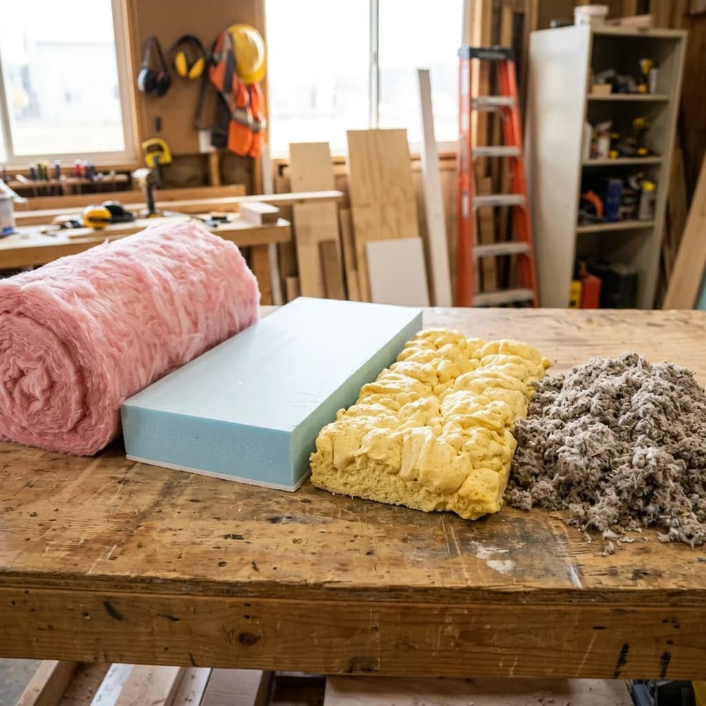 Different types of home insulation including fiberglass batts and rigid board