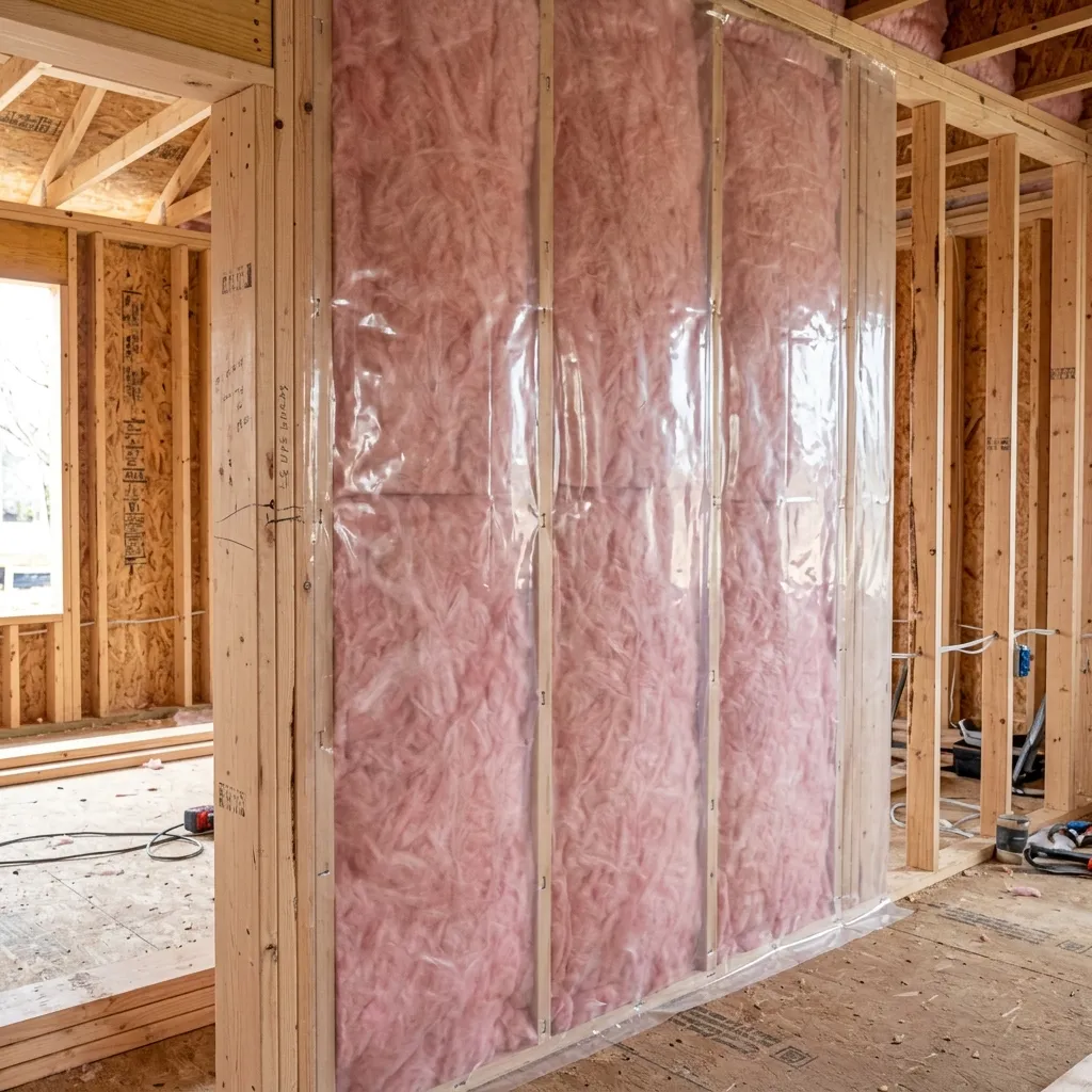 Clear plastic sheet vapor barrier installed over fiberglass wall insulation