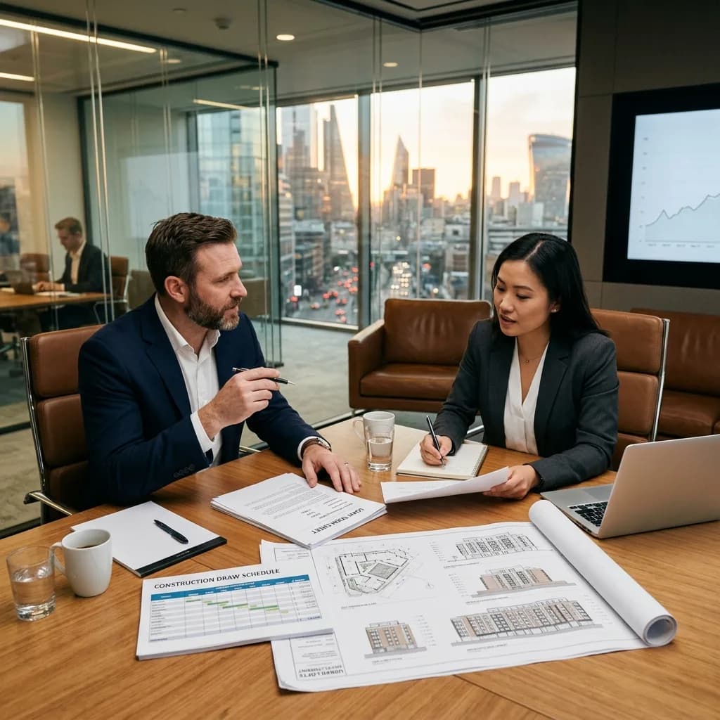 Commercial borrower and bank loan officer discussing construction financing documents and architectural plans in a modern conference room