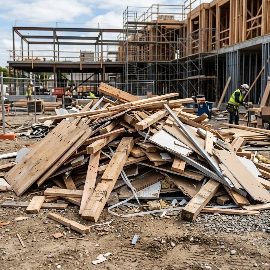 Pile of scrap wood and construction material waste at a building site
