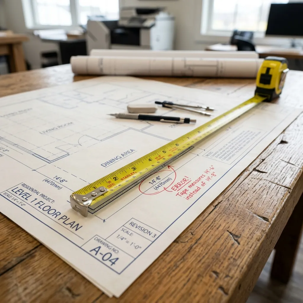 Measuring tape on wooden surface next to architectural blueprints