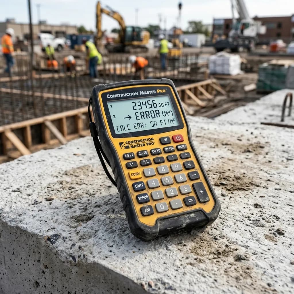 Construction calculator displaying numbers on top of a concrete slab