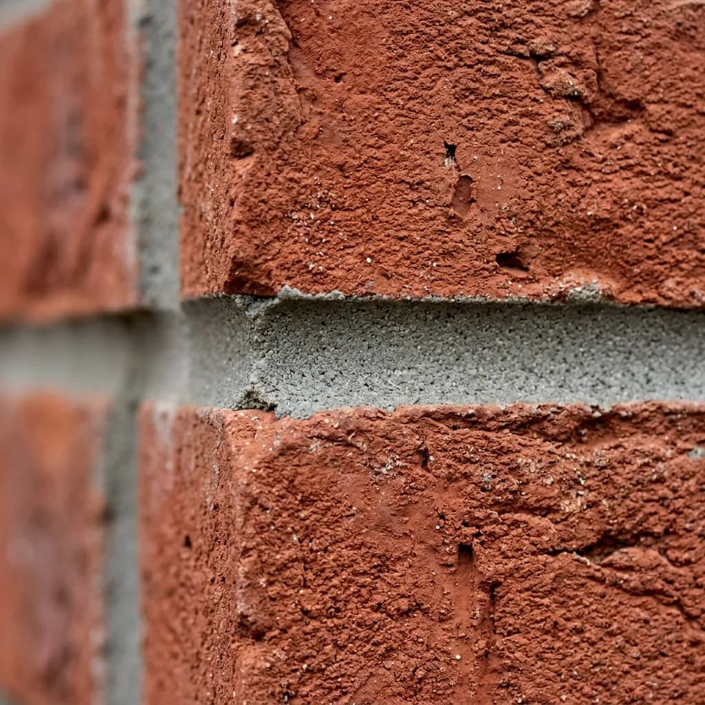 Close up photograph showing a clean, freshly struck mortar joint between red clay bricks