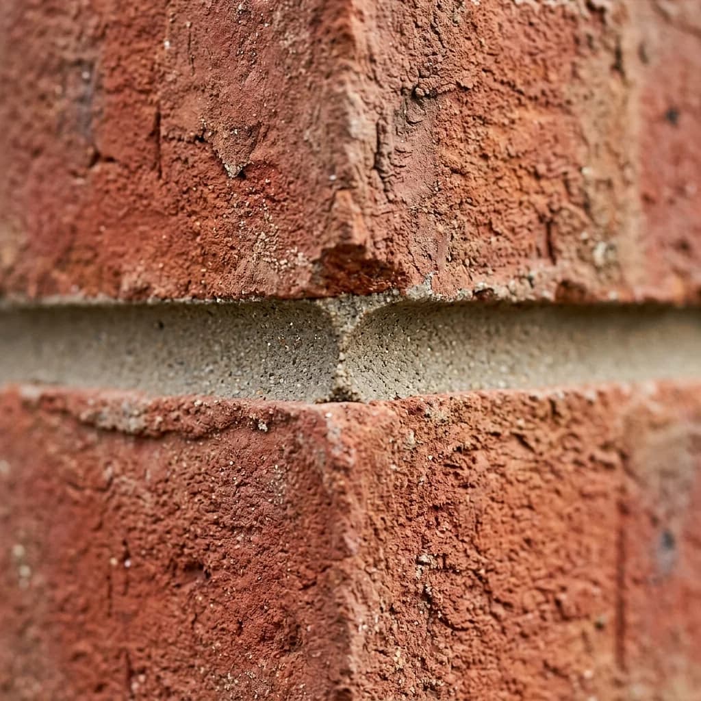 Close up photograph showing a clean, freshly struck mortar joint between red clay bricks