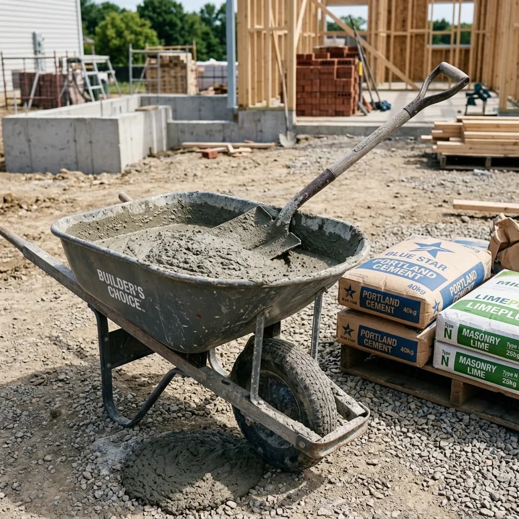 Wheelbarrow containing mixed mortar next to bags of portland cement and masonry lime at a construction site