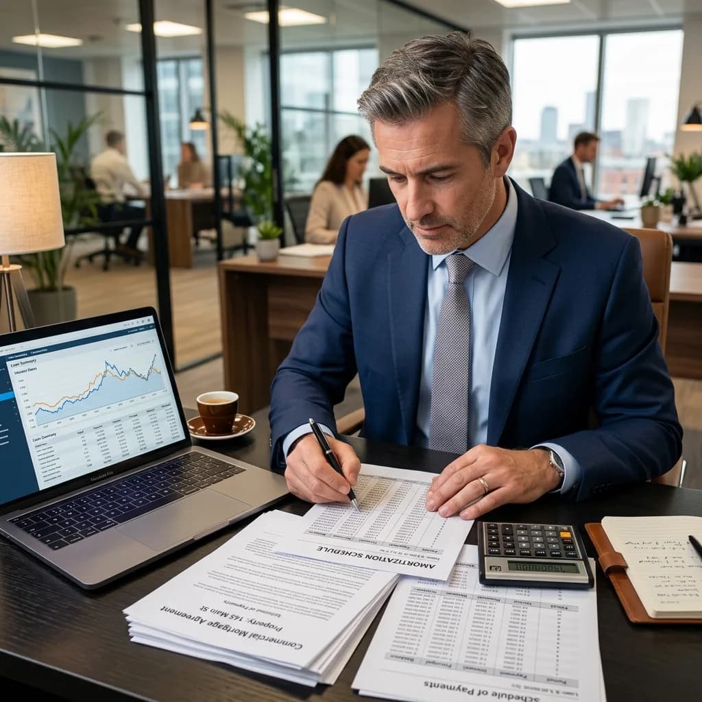Financial advisor reviewing commercial mortgage amortization schedules and loan documents at a modern office desk