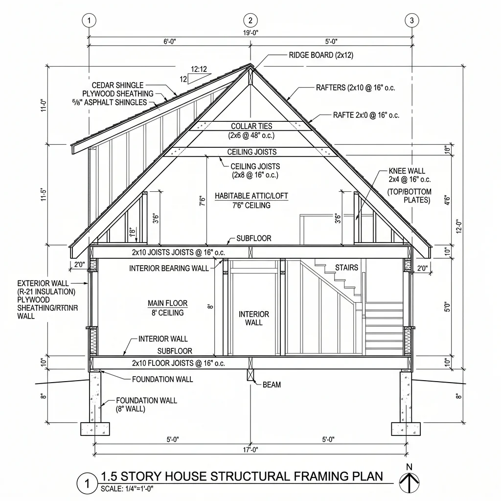 Structural framing diagram of a 1.5-story home highlighting rafters, collar ties, knee walls, and loft floor joists