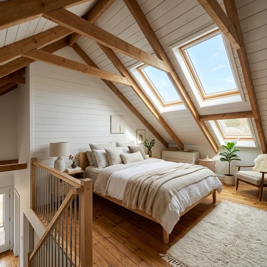 Interior photo of a finished upper level loft bedroom in a 1.5-story home showing slanted white pine wood ceilings and skylights