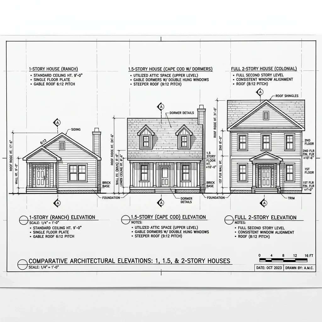 Side-by-side elevation diagram comparing a 1-story ranch, a 1.5-story Cape Cod with dormers, and a full 2-story Colonial house layout