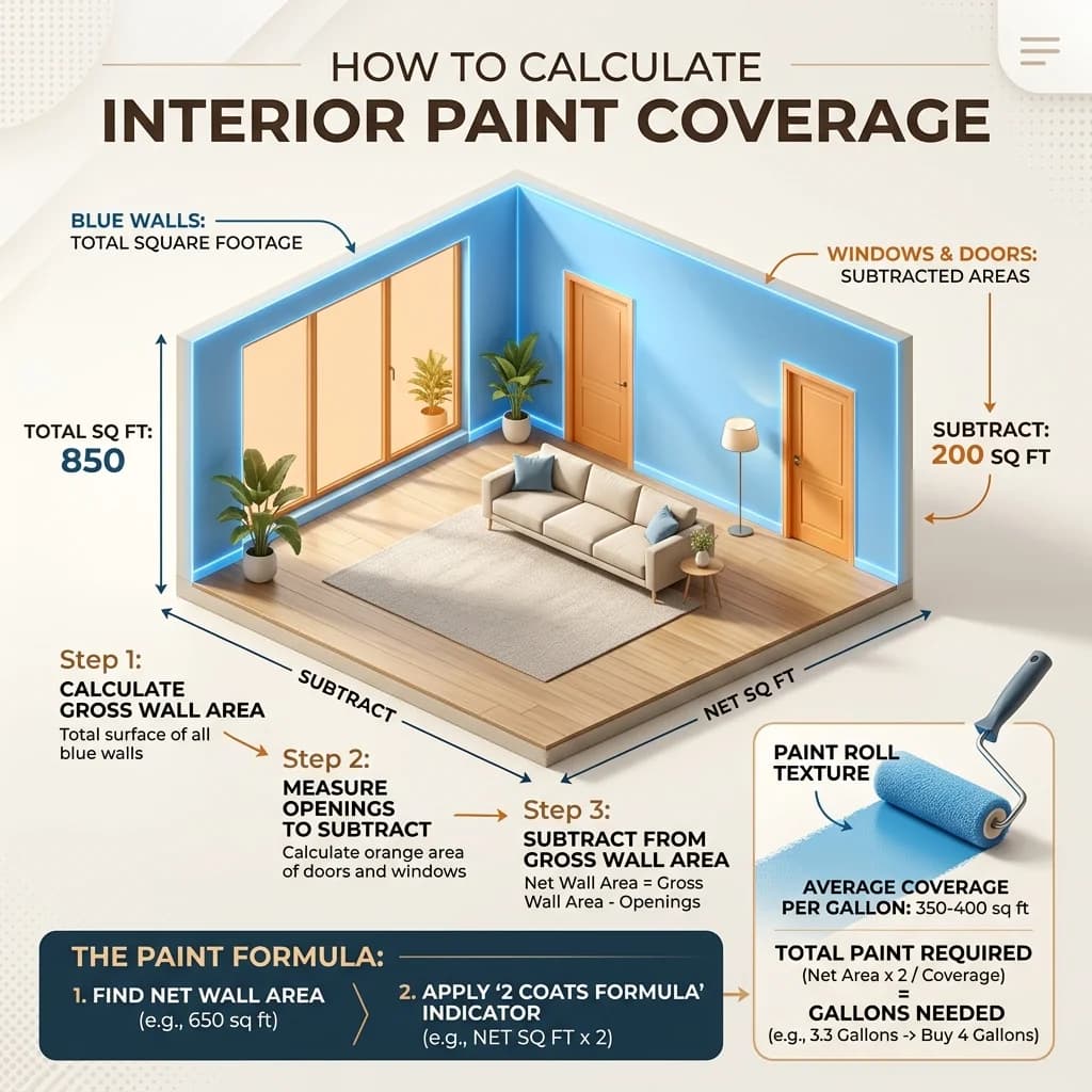 How to calculate interior paint coverage 3D infographic explaining wall square footage, doors and windows subtraction, and paint roll coverage rate