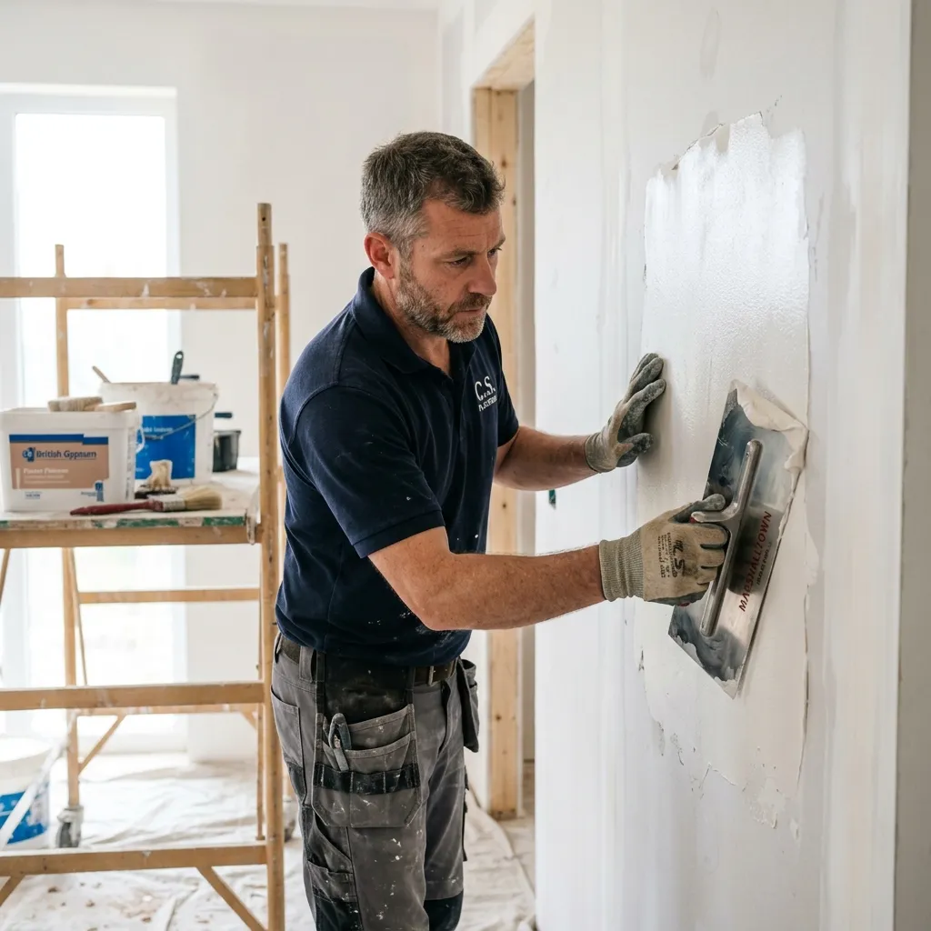 Professional plasterer applying wet plaster on an interior wall with a steel trowel