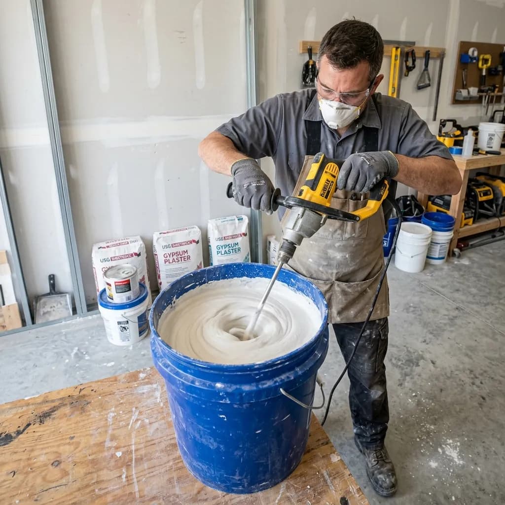 Worker mixing plaster in a large bucket using an electric mixing drill with a paddle